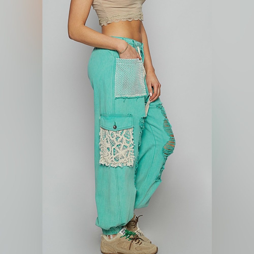 🌟SALE🌟Twill Distressed Jogger Pant with Crotchet details - Picture 2 of 4
